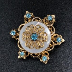 Vintage Coro Mother of Pearl Brooch Blue Rhinestones Gold Tone Floral Pin